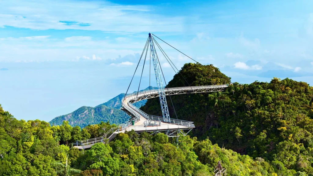 Stunning view of Langkawi Sky Bridge extending over the lush rainforest in Malaysia
